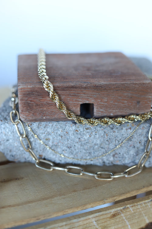 1255 DIPPED GOLD TRIPLE PAPERCLIP, ROPE, AND TWIST CHAIN NECKLACE
